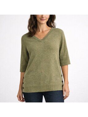 Chico's Size 2 (L) Olive Green V-Neck Knit Sweater Elbow Sleeve Side Button Hem